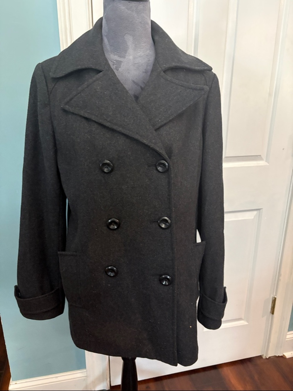 New York & Company Heather Black Double-Breasted Pea Coat